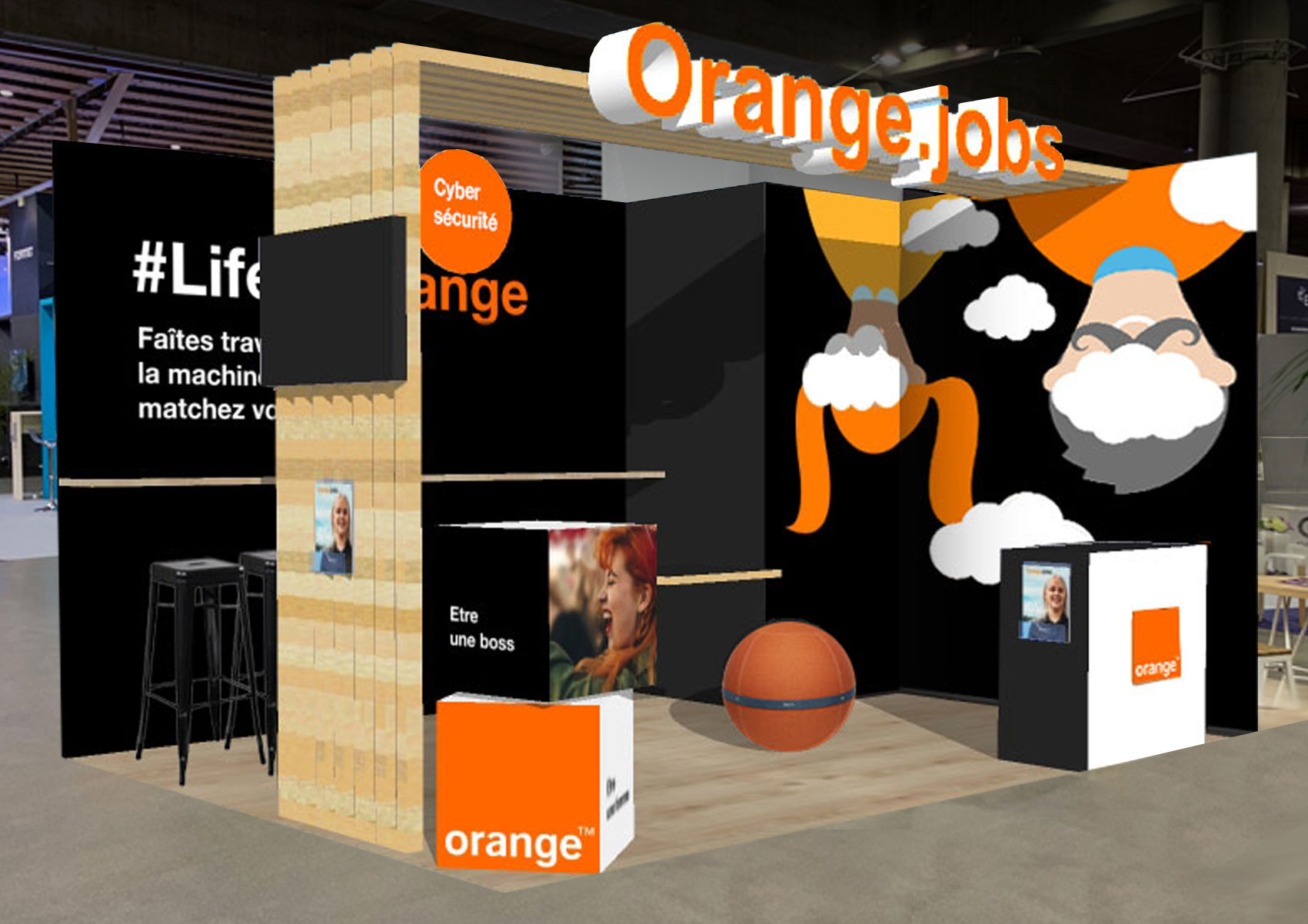 Design d'espace : Aménagement des stands (Un concept déclinable sur plusieurs formats de stands) pour Orange Jobs,