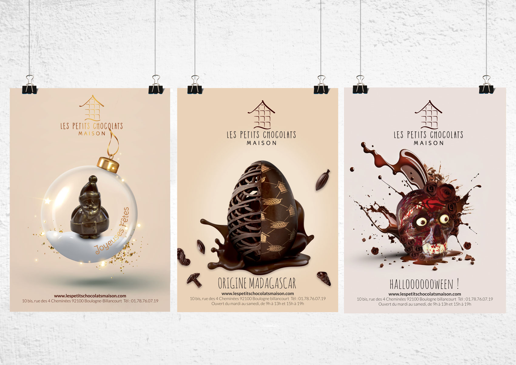 Affiche Les Petits Chocolats Maison Création graphique de flyers (noël, pâques, halloween) pour la chocolaterie Les Petits Chocolats maison à Boulogne Billancourt