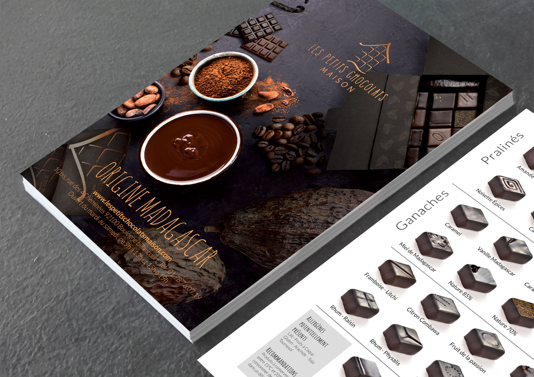 Flyer Les Petits Chocolats Maison Design de flyers pour la chocolaterie Les Petits Chocolats Maison pour présenter les ganaches et pralinés