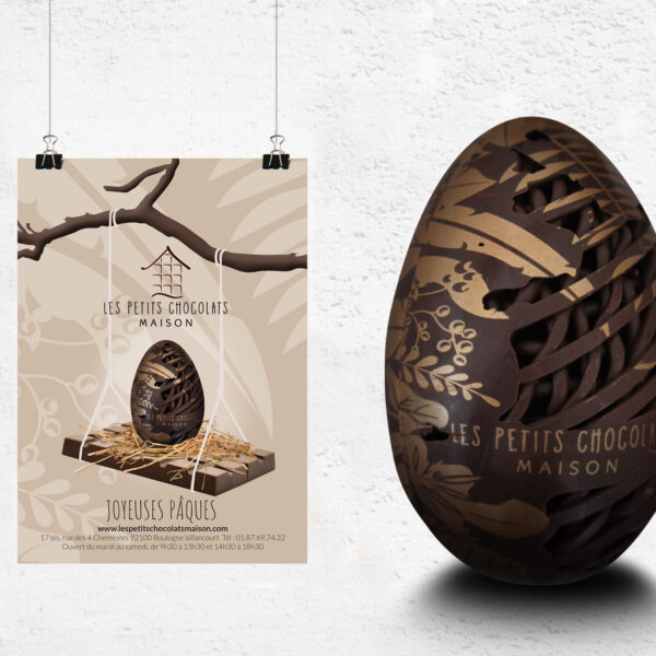 Création de flyer. Design graphique sur oeuf en chocolat pour Pâques Les Petits Chocolats Maison