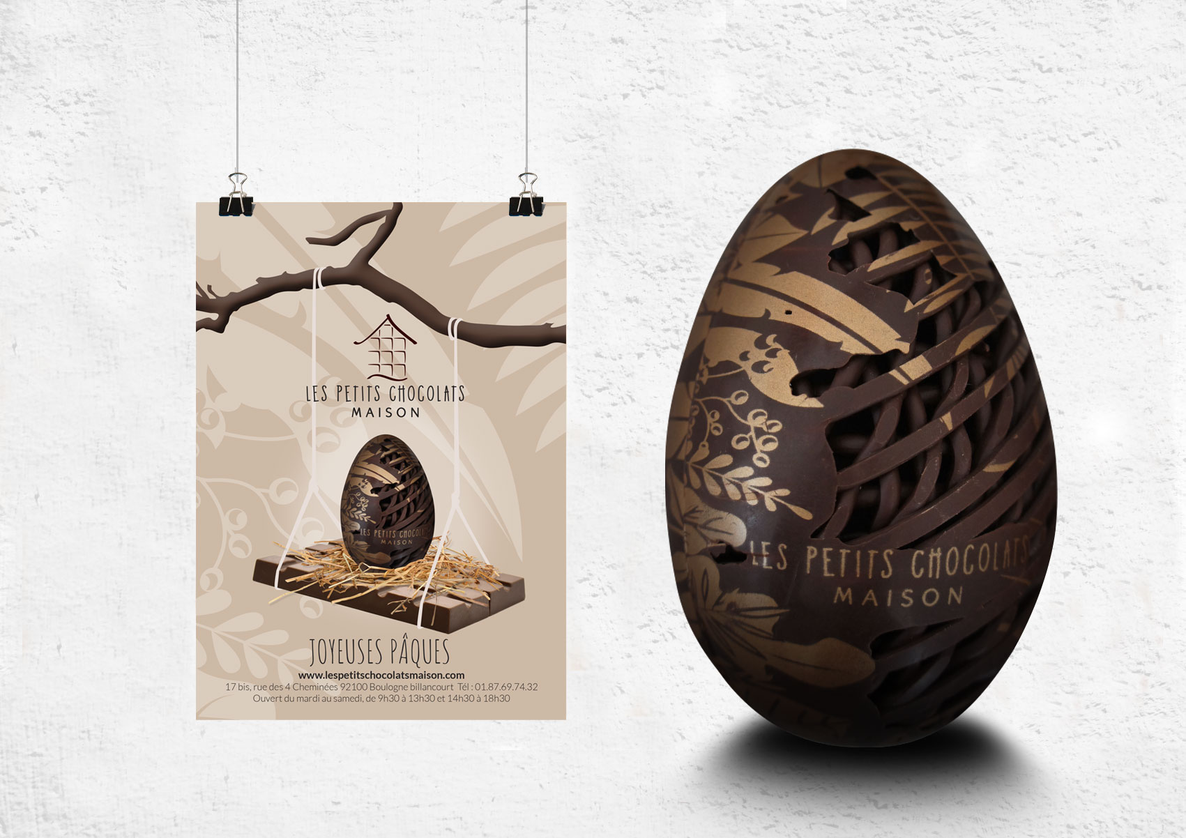 Design sur l'oeuf et Affiche Les Petits Chocolats Maison Pâques Création de flyer. Design graphique sur oeuf en chocolat pour Pâques Les Petits Chocolats Maison