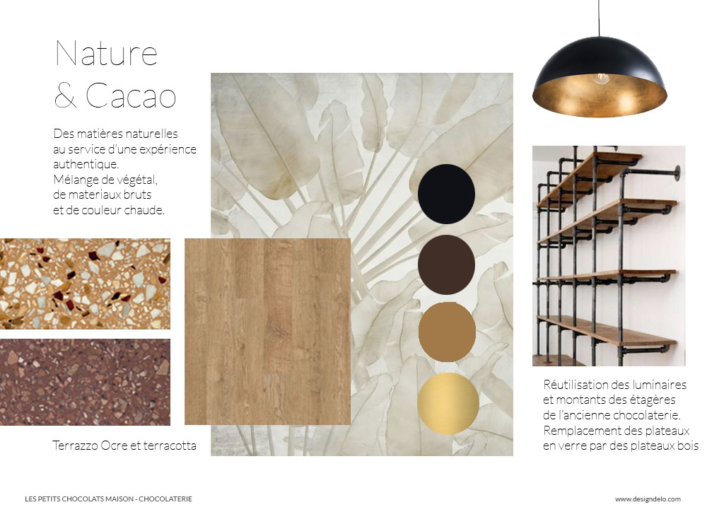 Designdelo-conception-agencement-conseil-professionnels-boutique-chocolat-5 Moonboard - nature et cacao. Des matières naturelles, mélange végétal, de materiaux bruts et de couleur chaude. Terrazzo Icre et terracotta. Papier peint végétal.