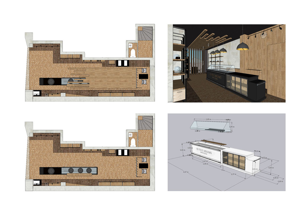 Designdelo-conception-agencement-conseil-professionnels-boutique-chocolat-6bis Plan de dessus avec et sans plafond bois. vue 3D sketchup. Comptoir 3D avec vitrine côté.