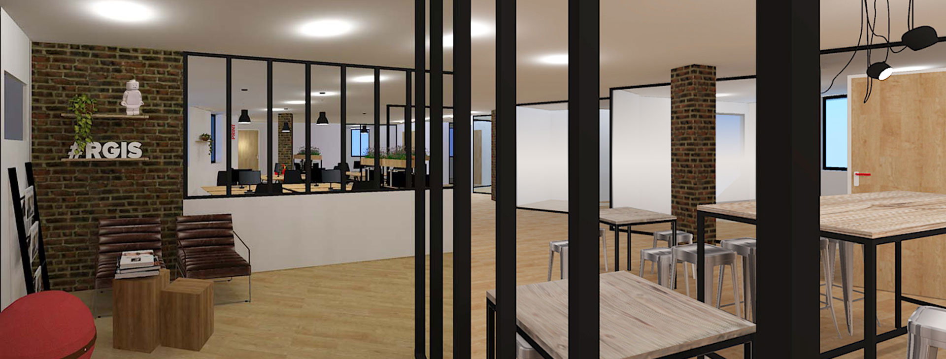 Aménagement des bureaux de RGIS- vue de l'entrée sur l'accueil et l'openspace avec à droite la partie cuisine