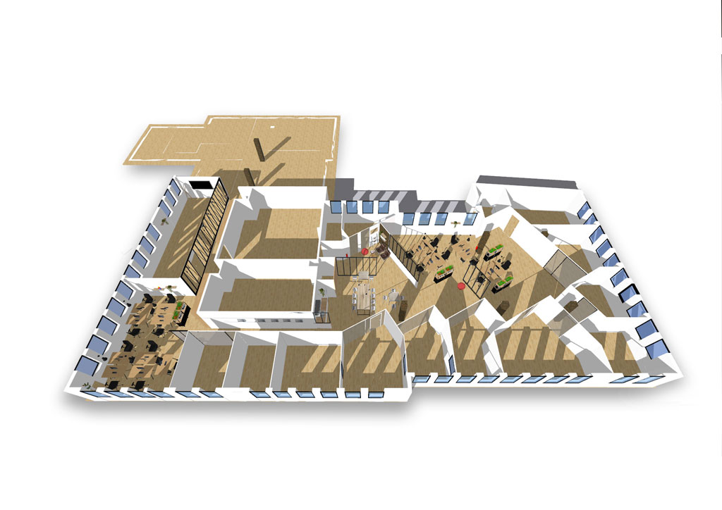 Designdelo-conception-agencement-conseil-professionnels-bureaux-4 Vue 3D sketchup des zones aménagées