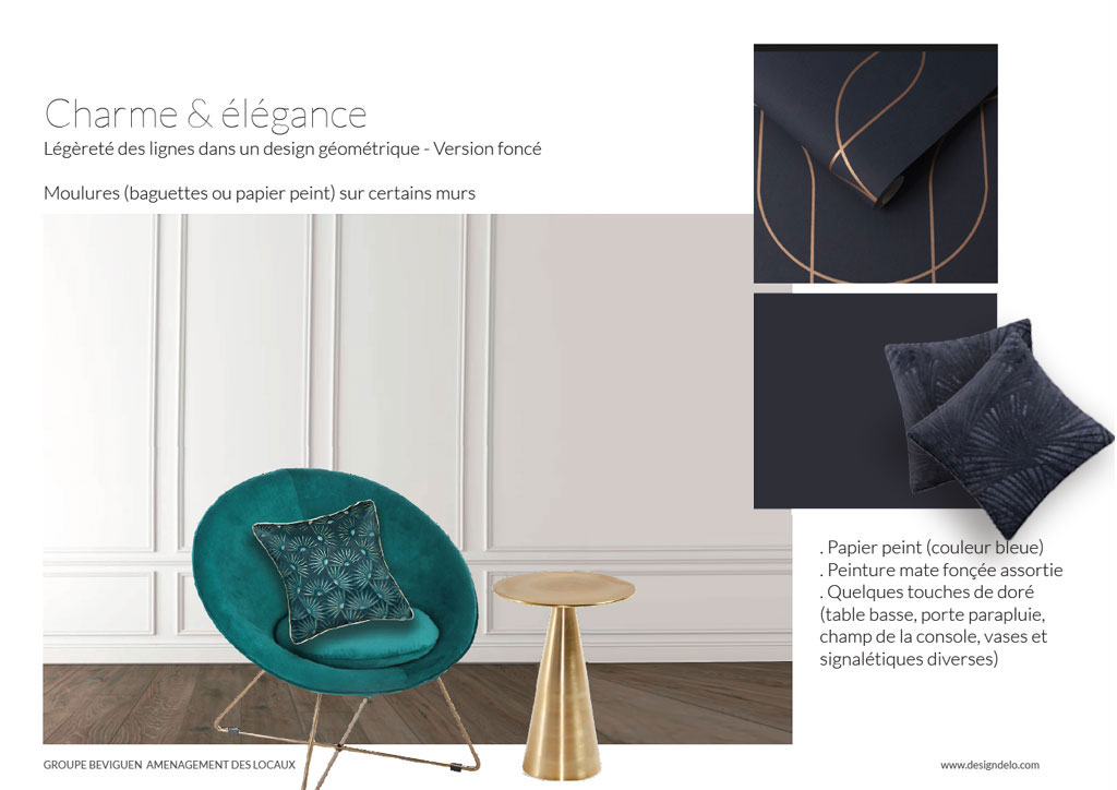 moonboard - charme et élégance. légèreté des lignes dans un design geométrique. Moulure sur mur, papier peint geométrique, peinture mate assortie et quelques touches de doré (table basse, porte parapluie, champ des console et signalétiques diverses)